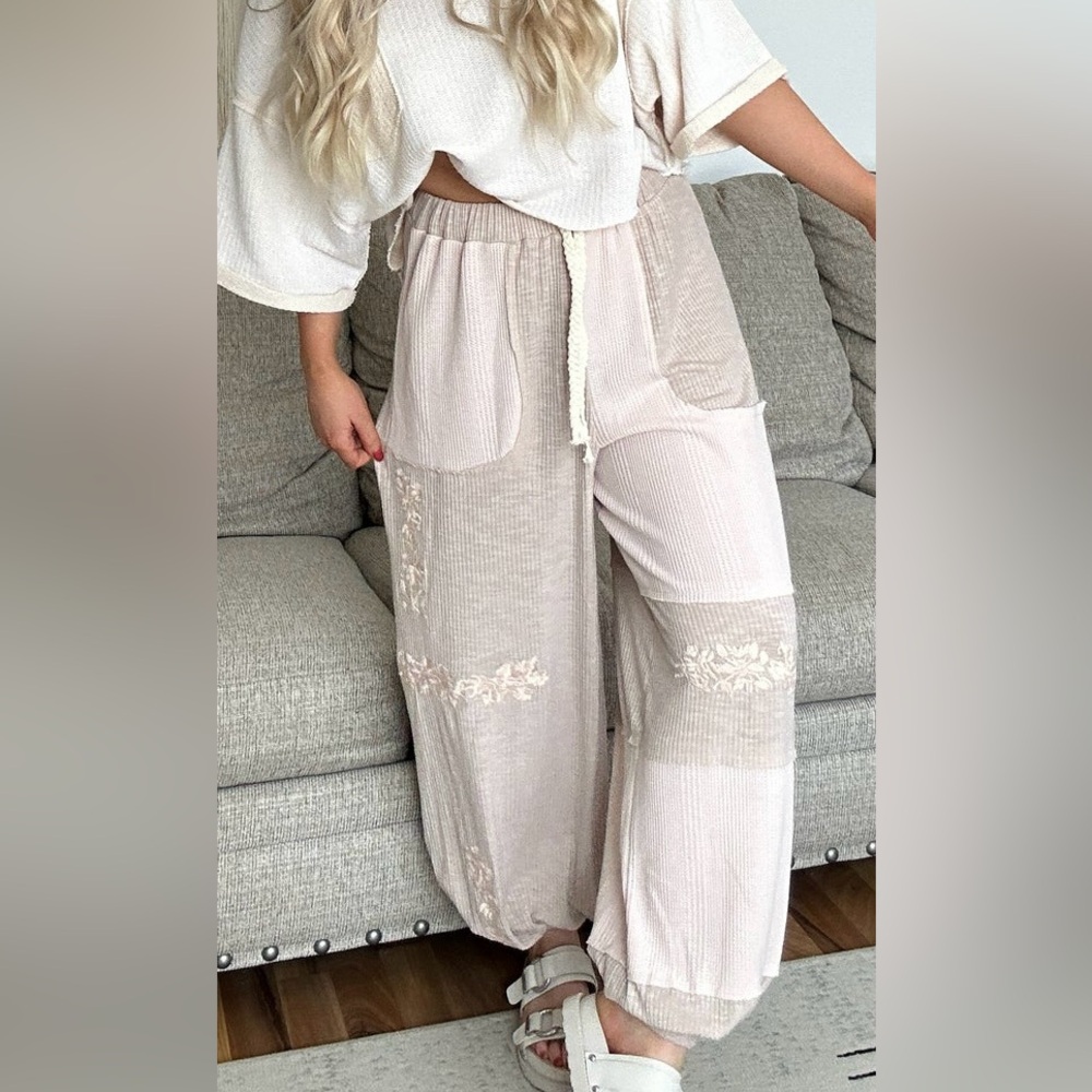 New POL Clothing Lounge Boho Bohemian Embroidered Drawstring Joggers Sweat Pants